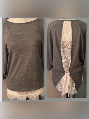 A’Reve  grey dolman sleeves laced back accent bow casual rare Sweater